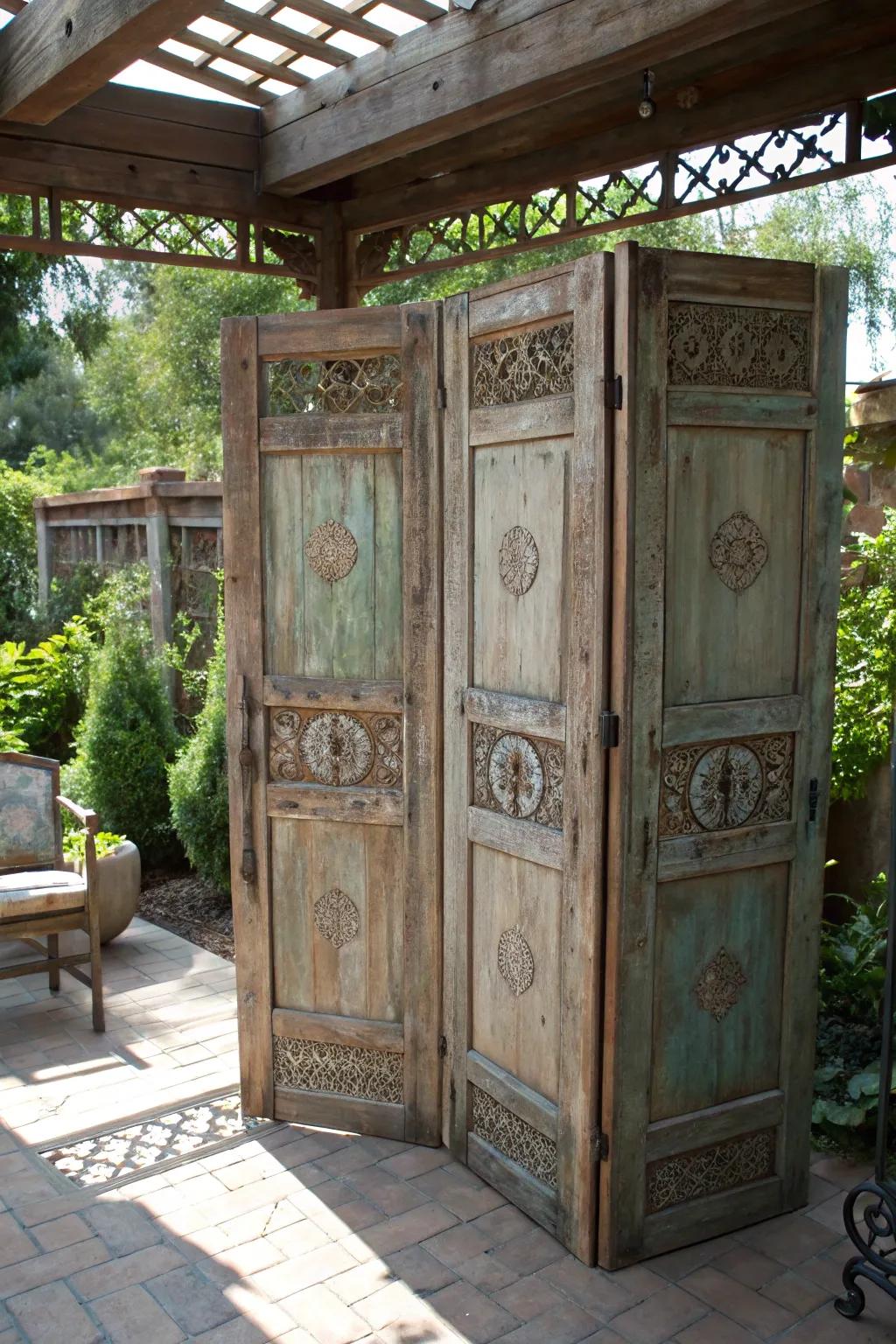 Transform old doors into a charming patio retreat, blending privacy with artistic elegance.