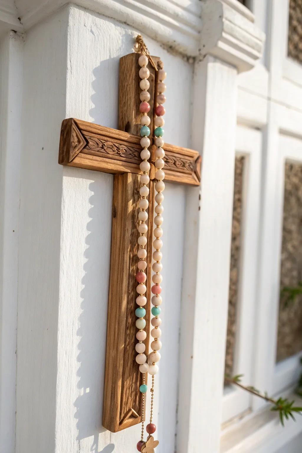 Add a touch of sparkle to your space with this handcrafted beaded cross, where simplicity meets natural beauty.