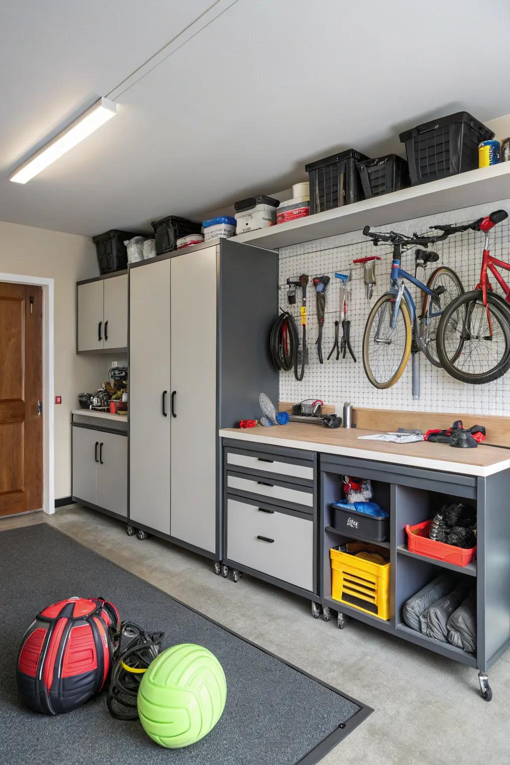A customized garage space with ample storage and work areas.