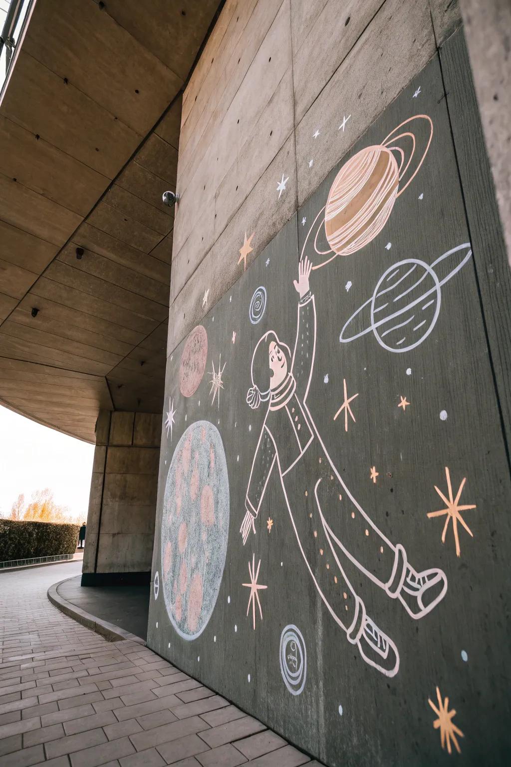 Explore the cosmos with simplicity and grace—chalk your way into a dreamy space adventure.