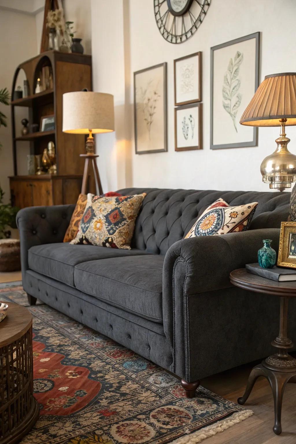 A mix of modern and vintage styles creates a unique setting for the dark grey couch.