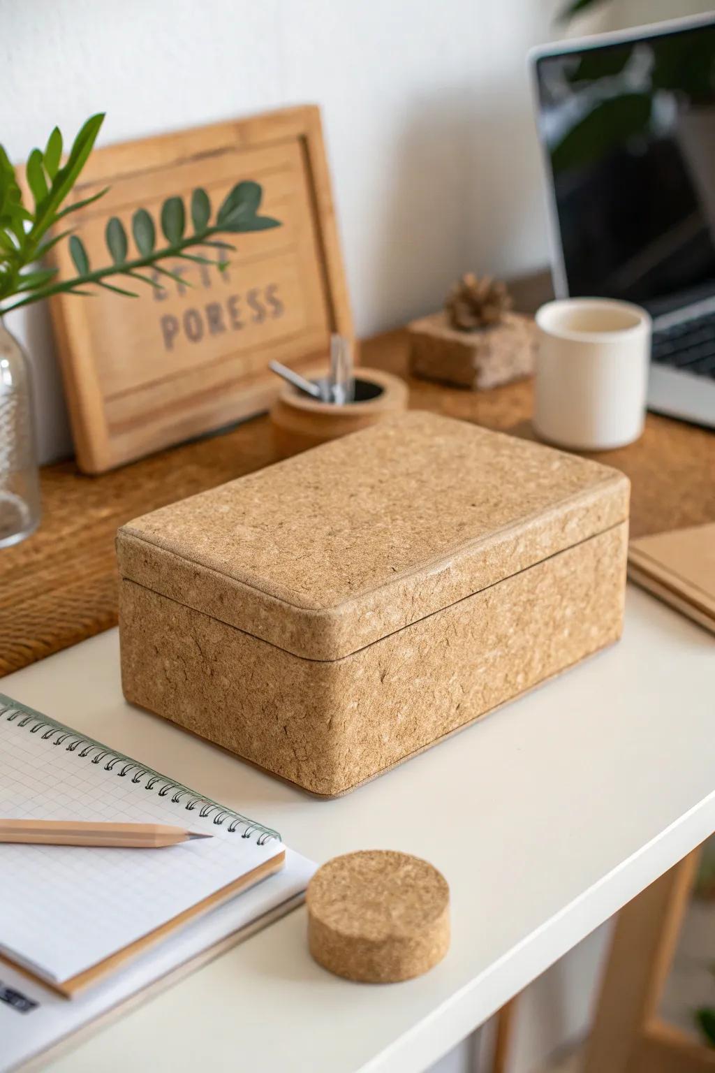 An eco-friendly cork-covered box for sustainable decor.