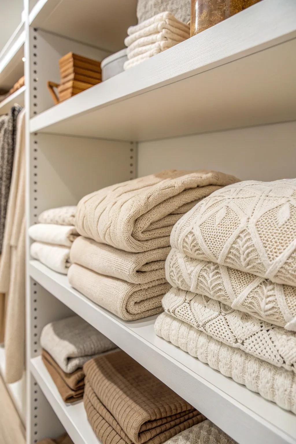 Transform your wardrobe with fabric-lined shelves for a touch of luxury and simplicity.