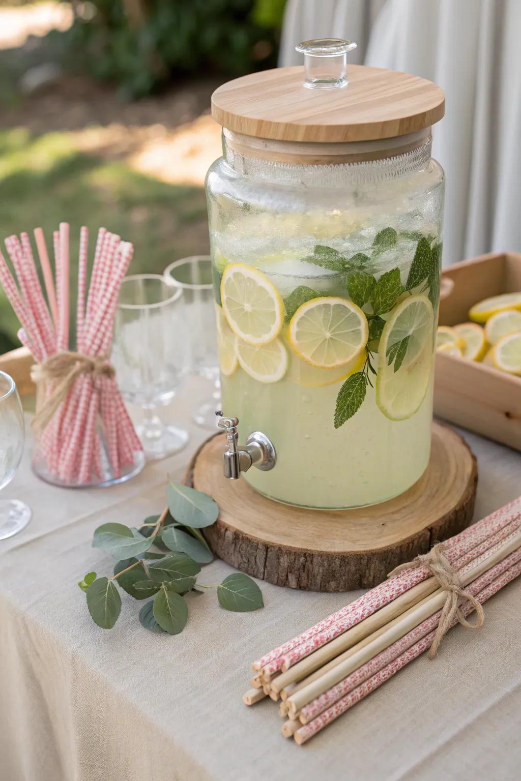Elevate your baby shower with a charming drink station—simplicity meets natural elegance!