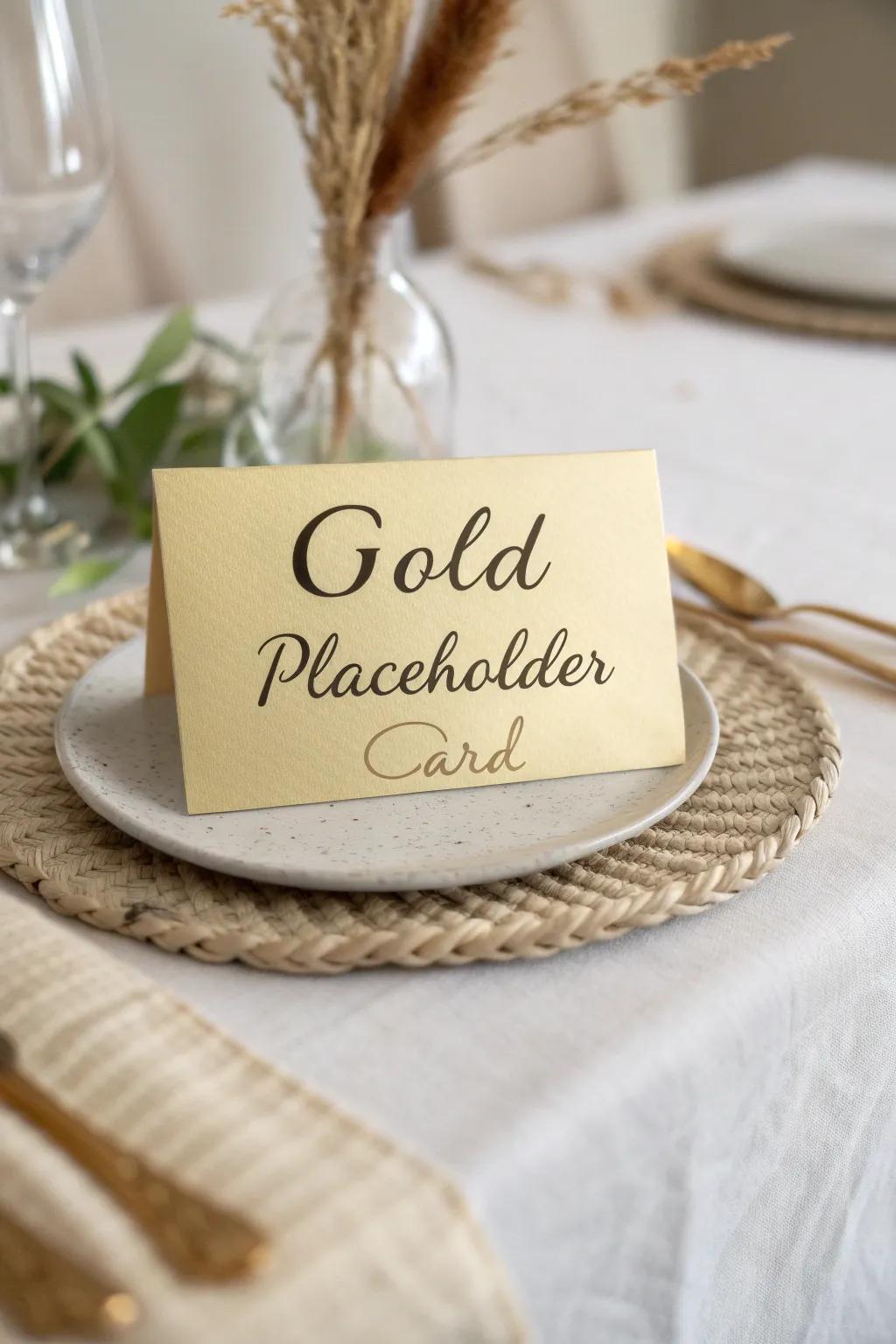 Add a personal touch to your table with these stunning gold placeholders, perfect for a chic and welcoming setting.