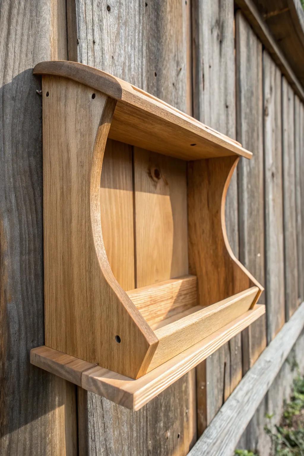Elevate your coop's style with this expertly crafted wall-mounted feeder, blending functionality with rustic elegance.