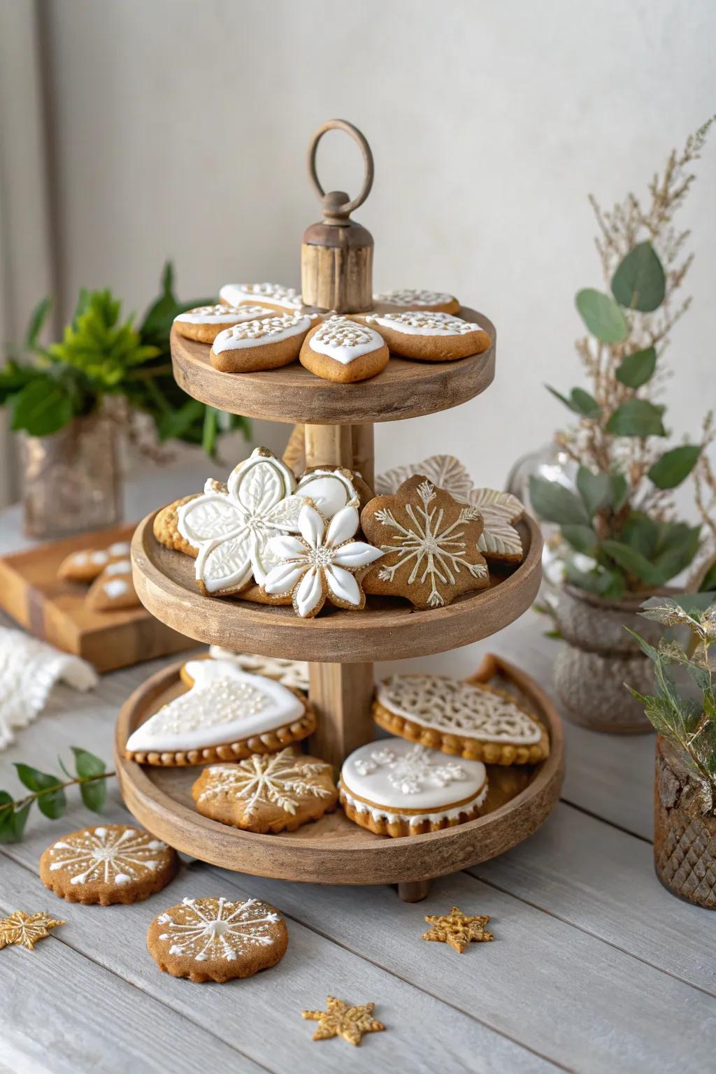 Elevate your holiday gatherings with this stunning gingerbread tiered tray – a perfect blend of minimalist elegance and festive charm.