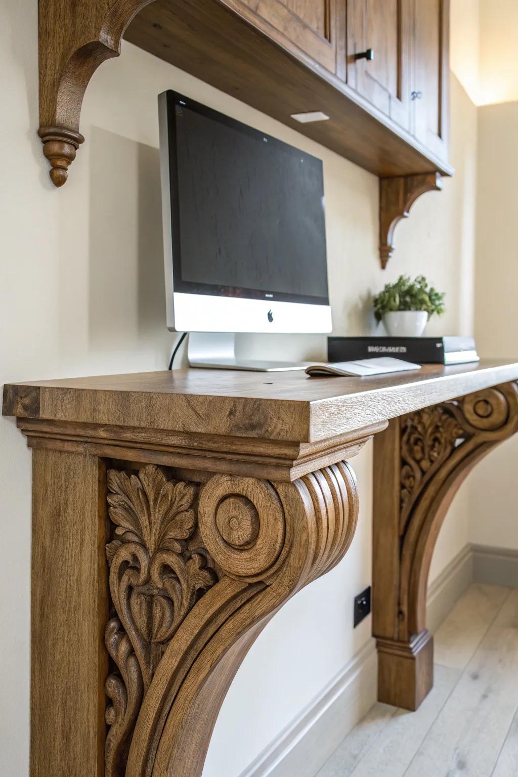 Elevate your workspace with the perfect blend of tradition and modernity: a handcrafted corbel supporting a sleek floating desk.