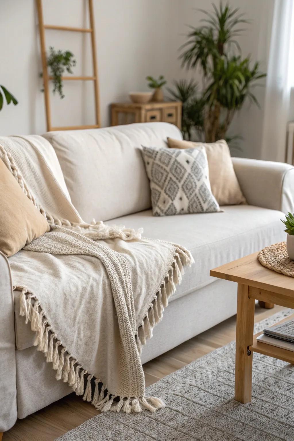 Add a playful touch to your living space with a fringe-edged couch cover that combines Scandinavian simplicity with Boho flair.