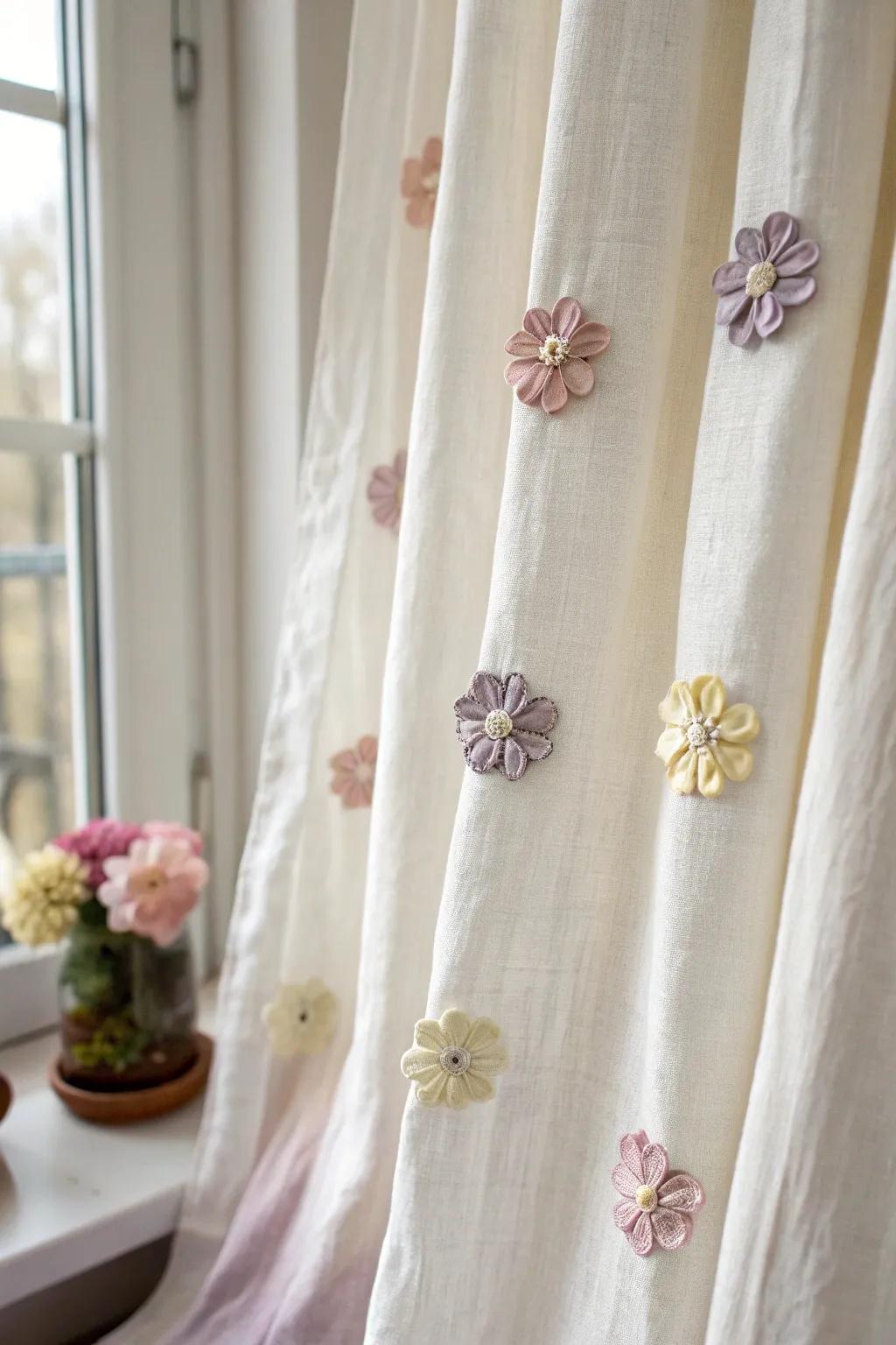 Add a whimsical touch to your space with floral-embellished curtains, where simplicity meets elegance.