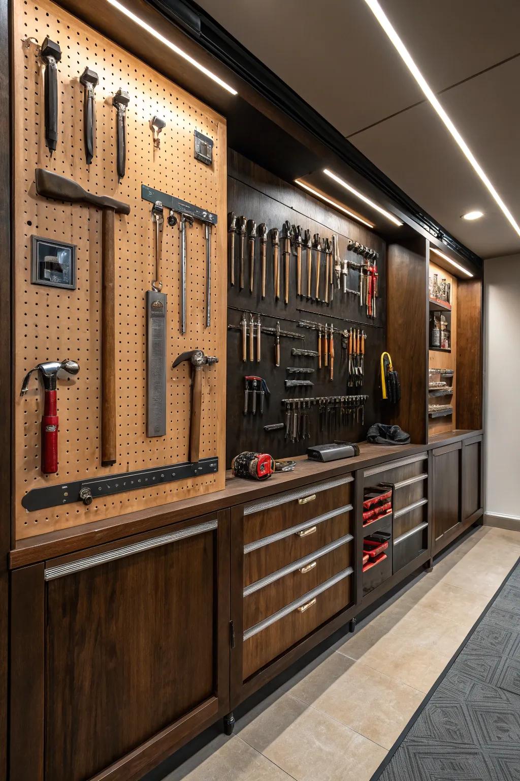 Transform your garage into a masterpiece with a custom tool wall that showcases your tools like art.