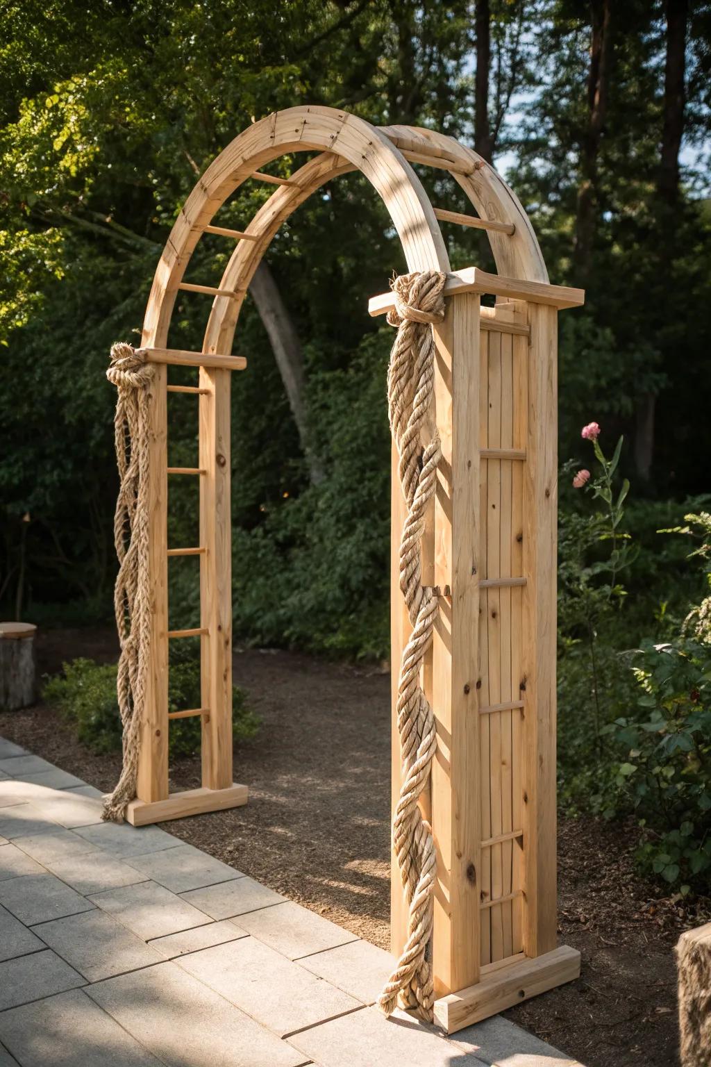 Embrace rustic elegance with a cedar and rope garden arch, where simplicity meets natural beauty. 🌿✨