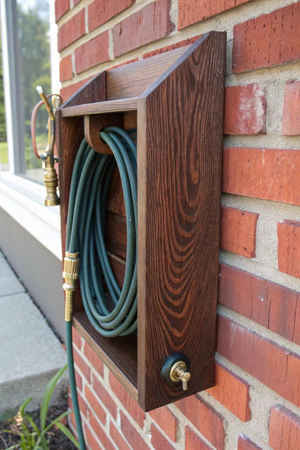 Elevate your garden's look with a stylish and functional wall-mounted hose holder.
