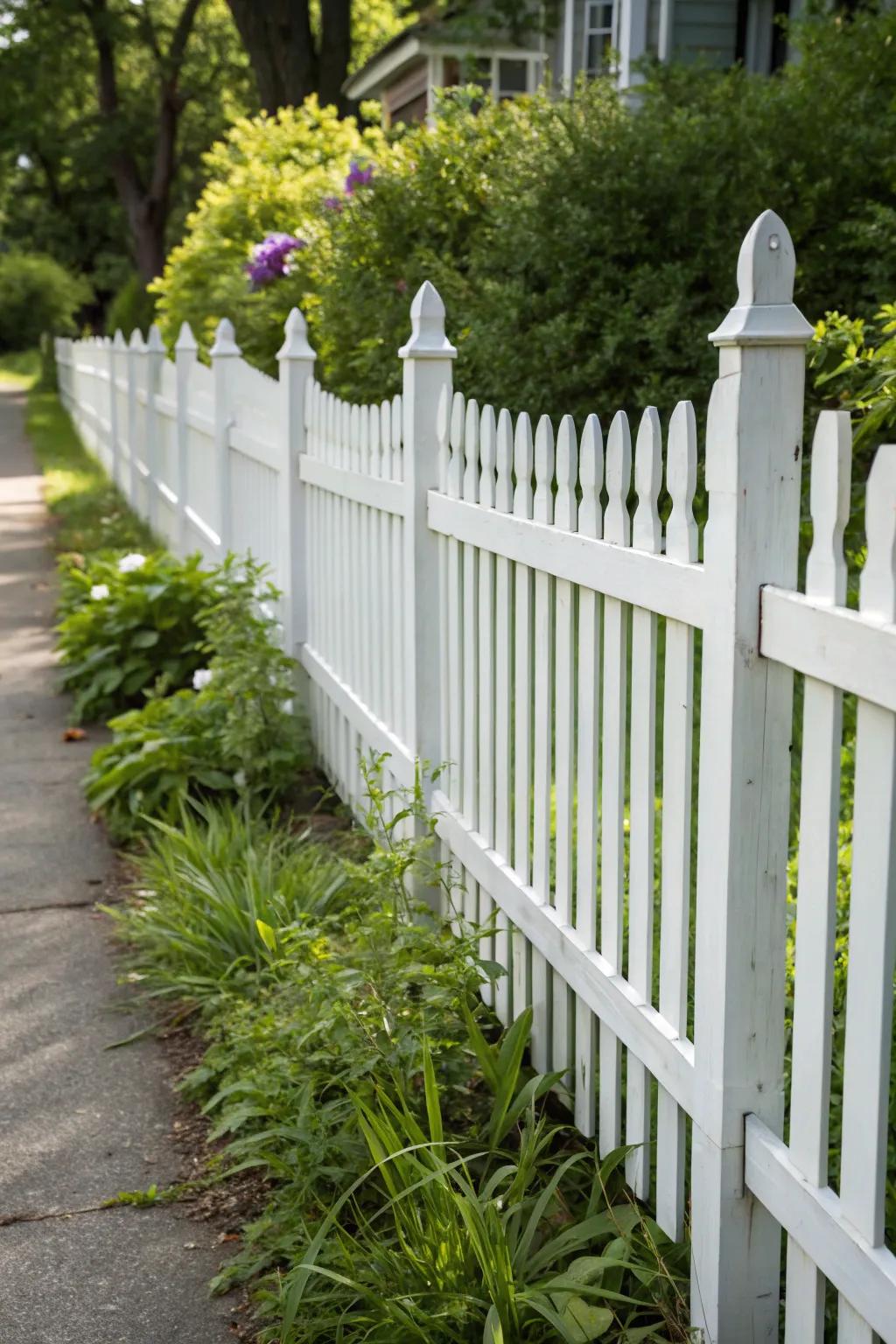 Embrace timeless elegance with a classic white picket fence, a perfect blend of craftsmanship and charm.
