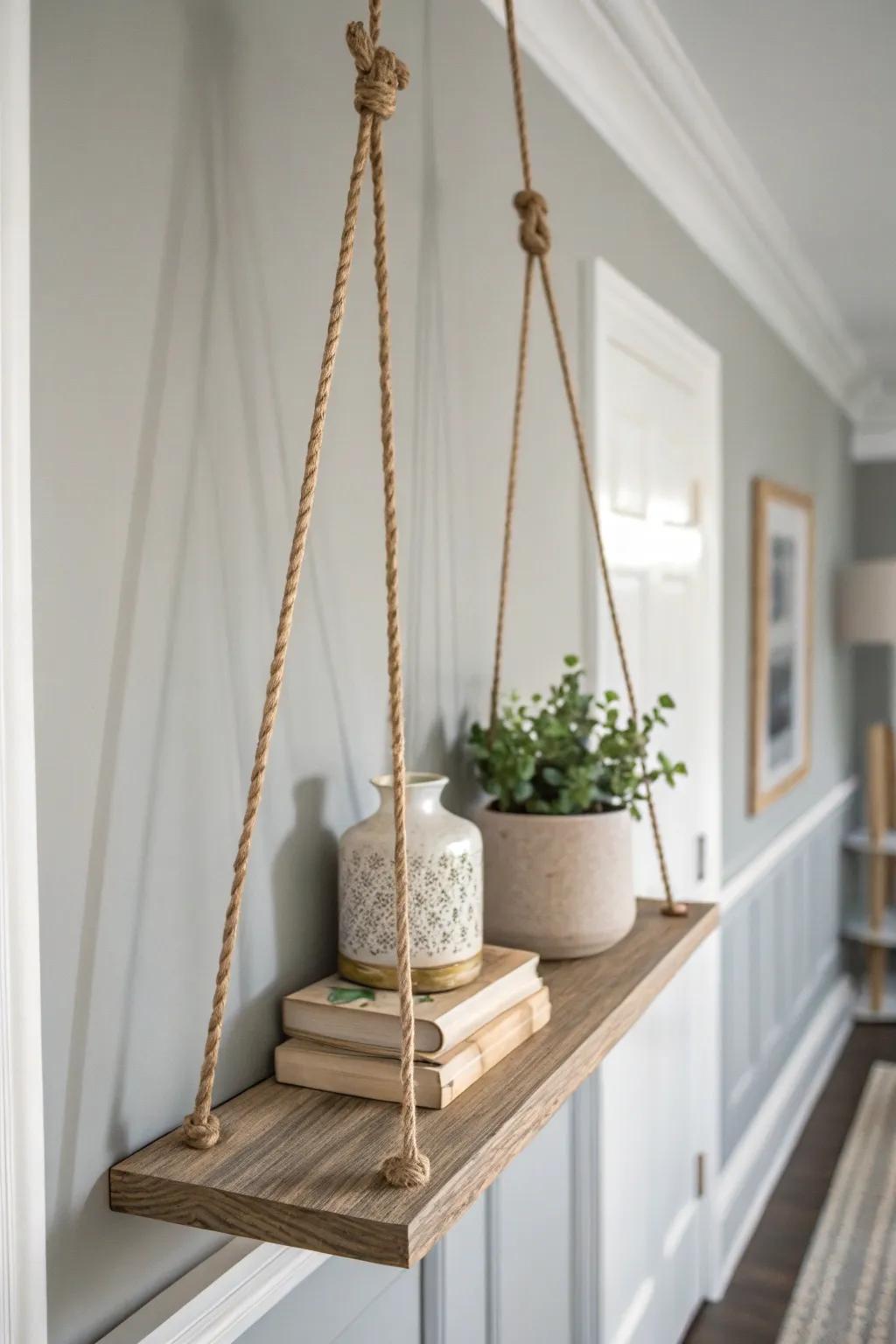 Elevate your space with ceiling-hung shelves for a chic and unexpected design.