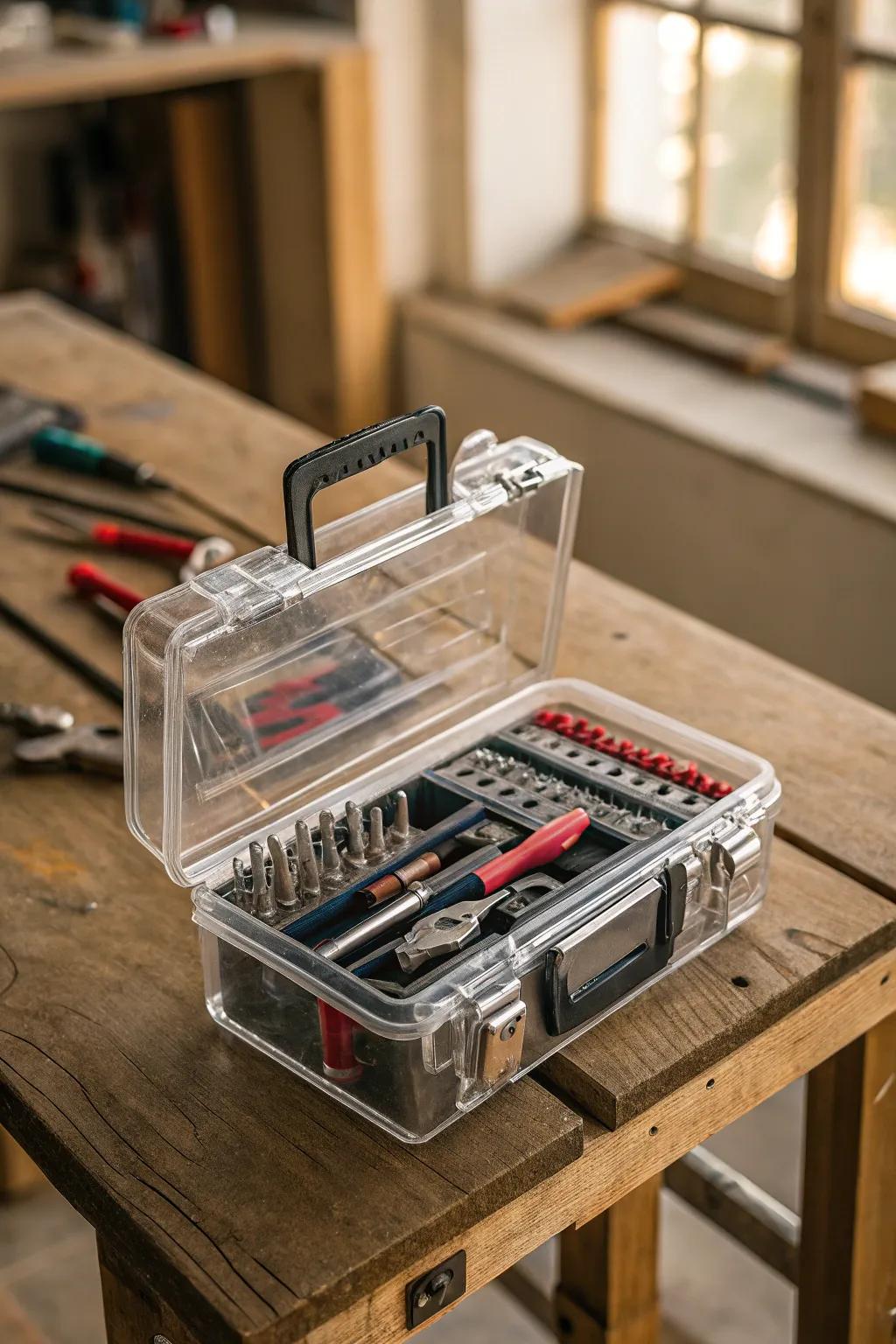 Keep your tools in sight and within reach with this expertly crafted transparent tool box.