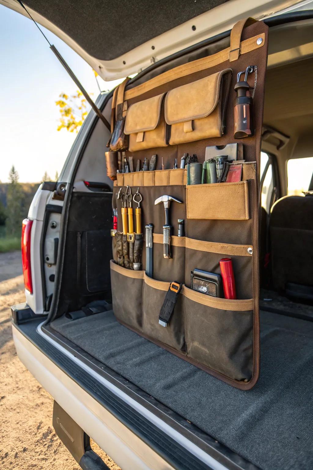 Elevate your truck storage game with a repurposed shoe organizer for your tools!