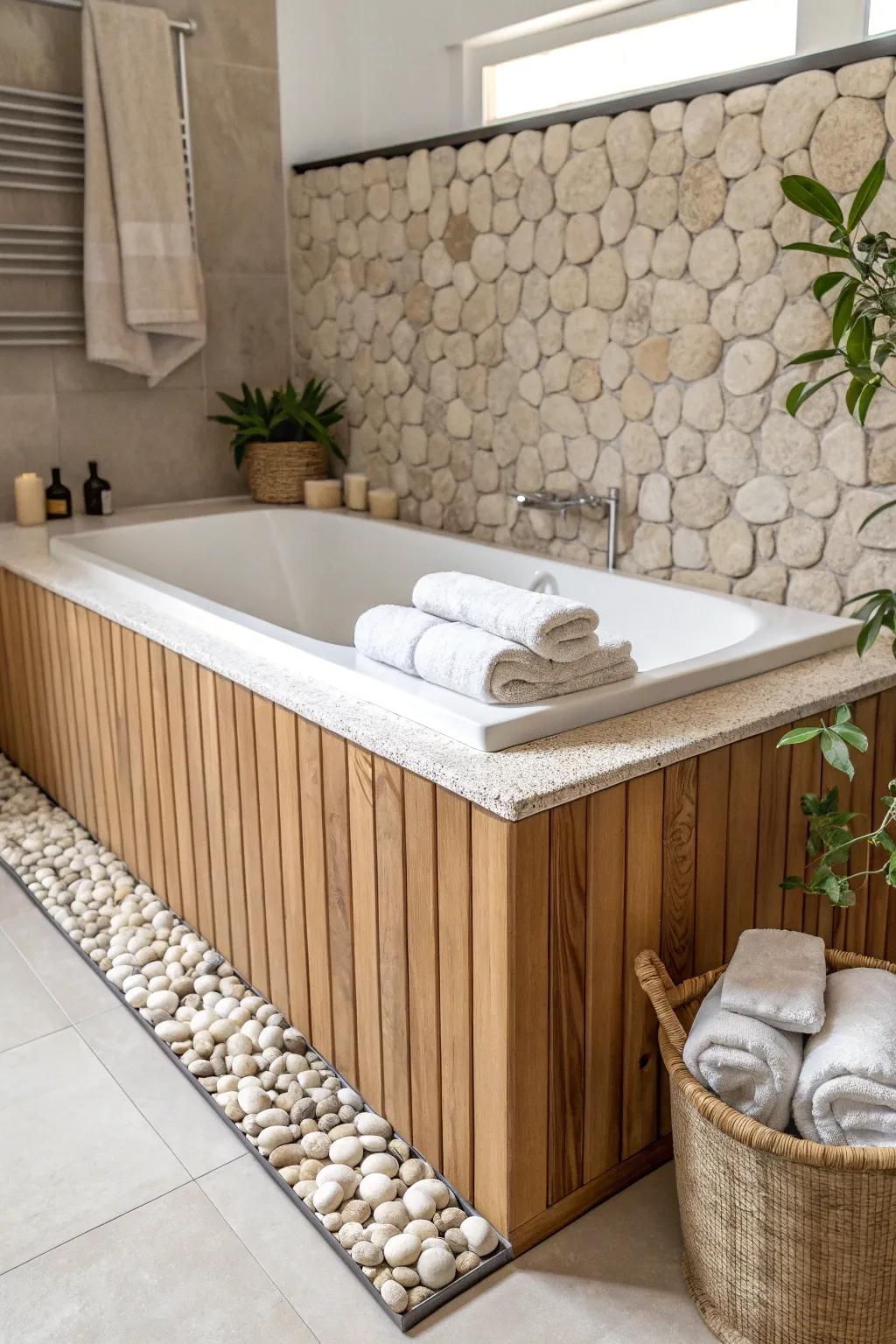 Transform your bath space with a serene blend of wood and stone for a luxurious, minimalist retreat.