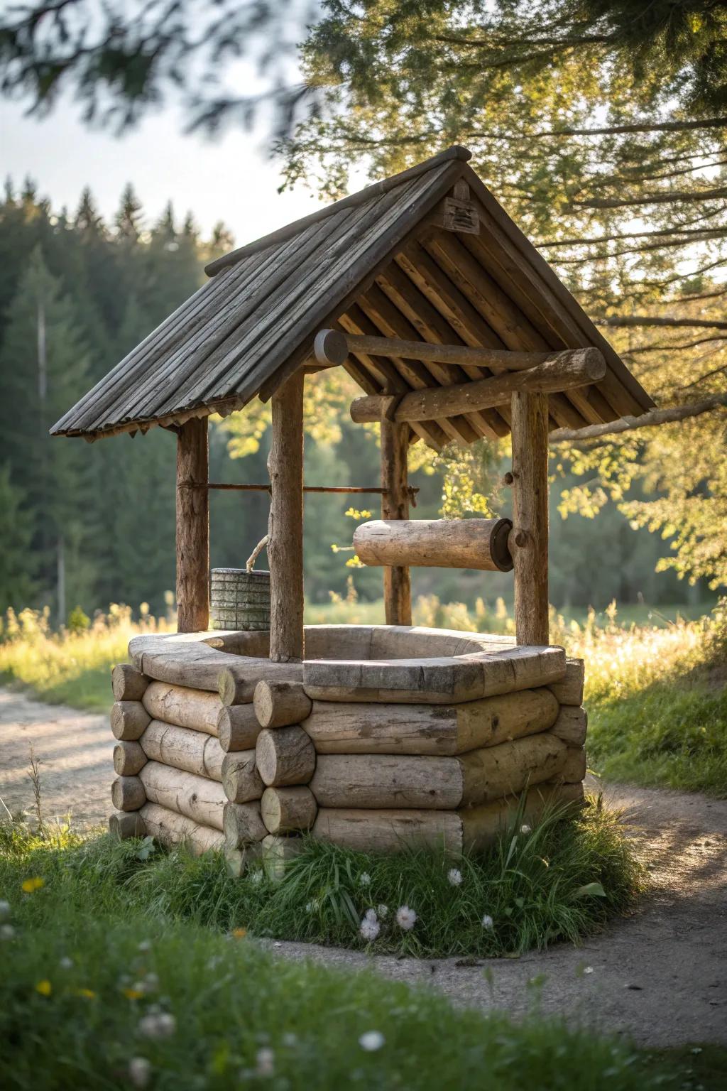 Embrace woodland charm with this elegant rustic log wishing well, blending nature and craftsmanship effortlessly.