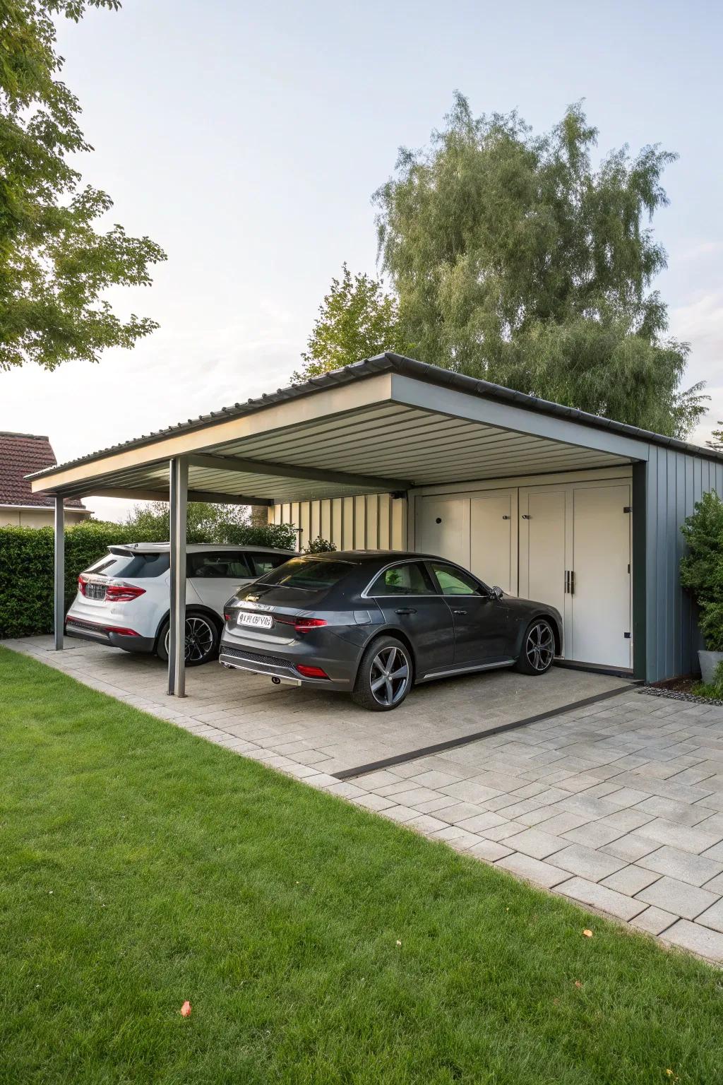 A carport that combines vehicle protection with additional storage.