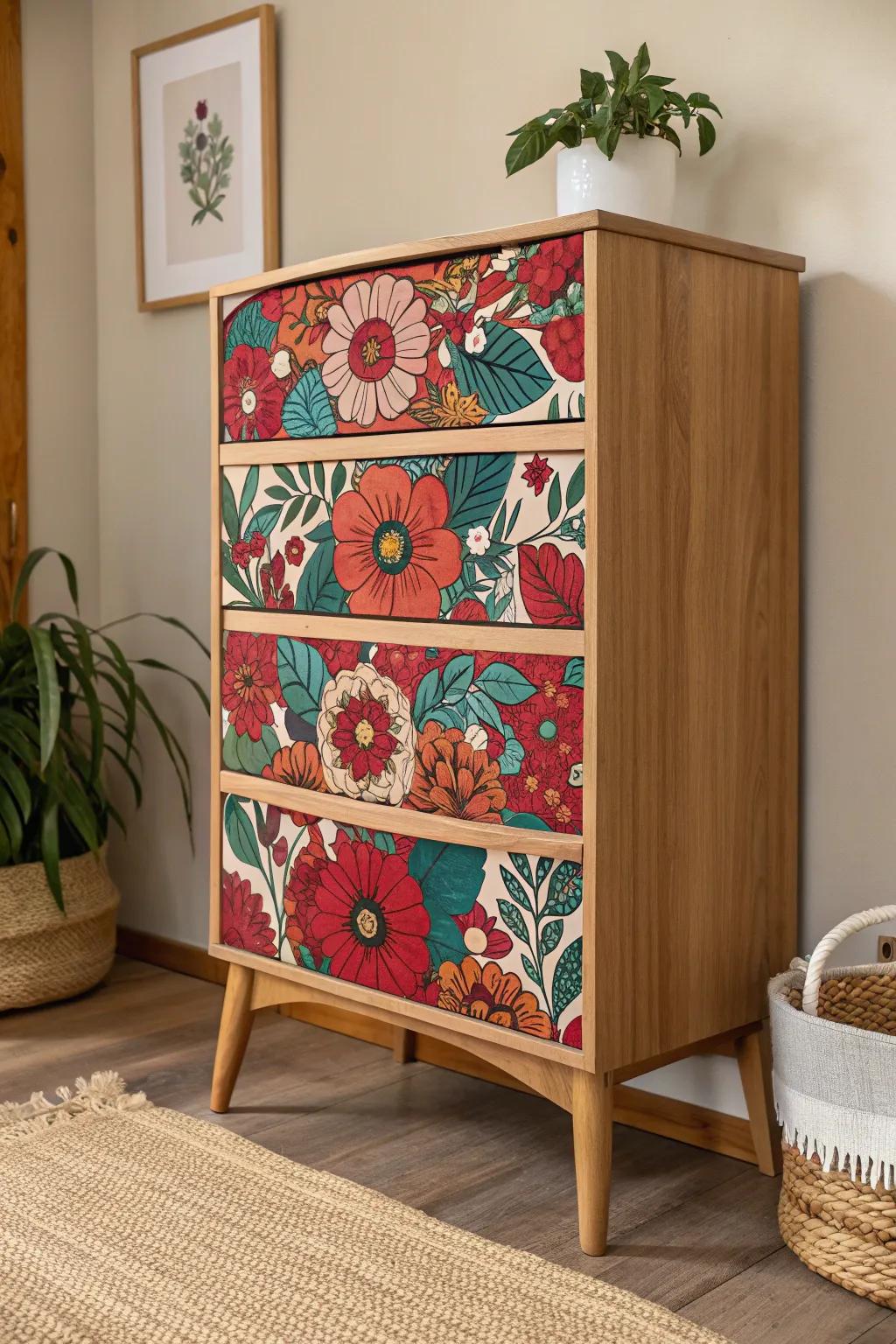 Transform your dresser into a vibrant statement piece with a funky fabric finish. Embrace bold patterns for an unexpected twist!
