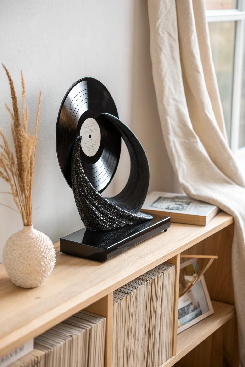 Transform your space with this captivating vinyl record sculpture, a perfect blend of modern art and minimalist design.