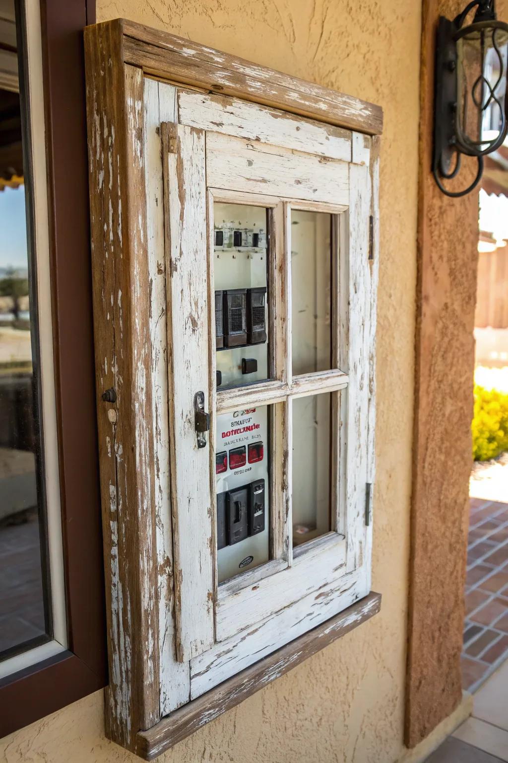 Transform your space with vintage elegance: a repurposed window frame that hides electrical panels with style.