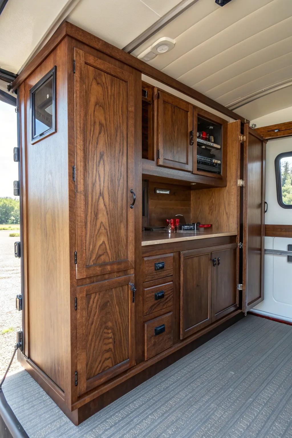 Efficiency meets craftsmanship: A cabinet that transforms into a functional desk, perfect for the modern craftsman on the go.
