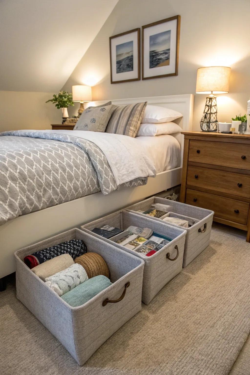Fabric-covered bins offer soft, stylish storage.