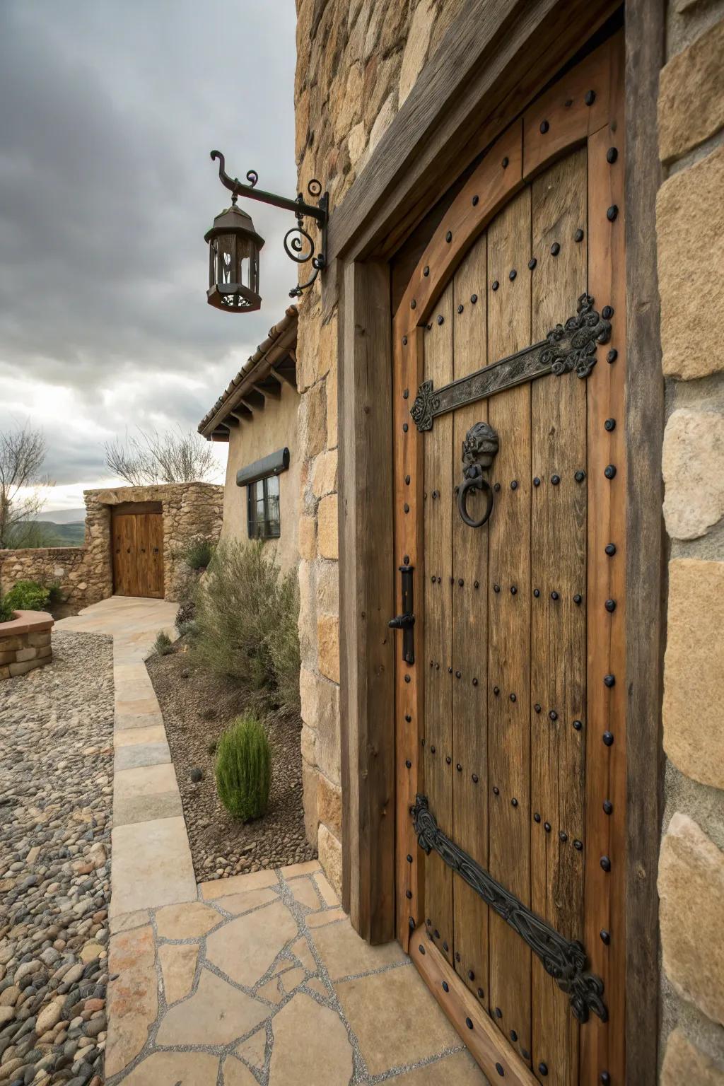 Rustic elements create a warm and inviting entry.