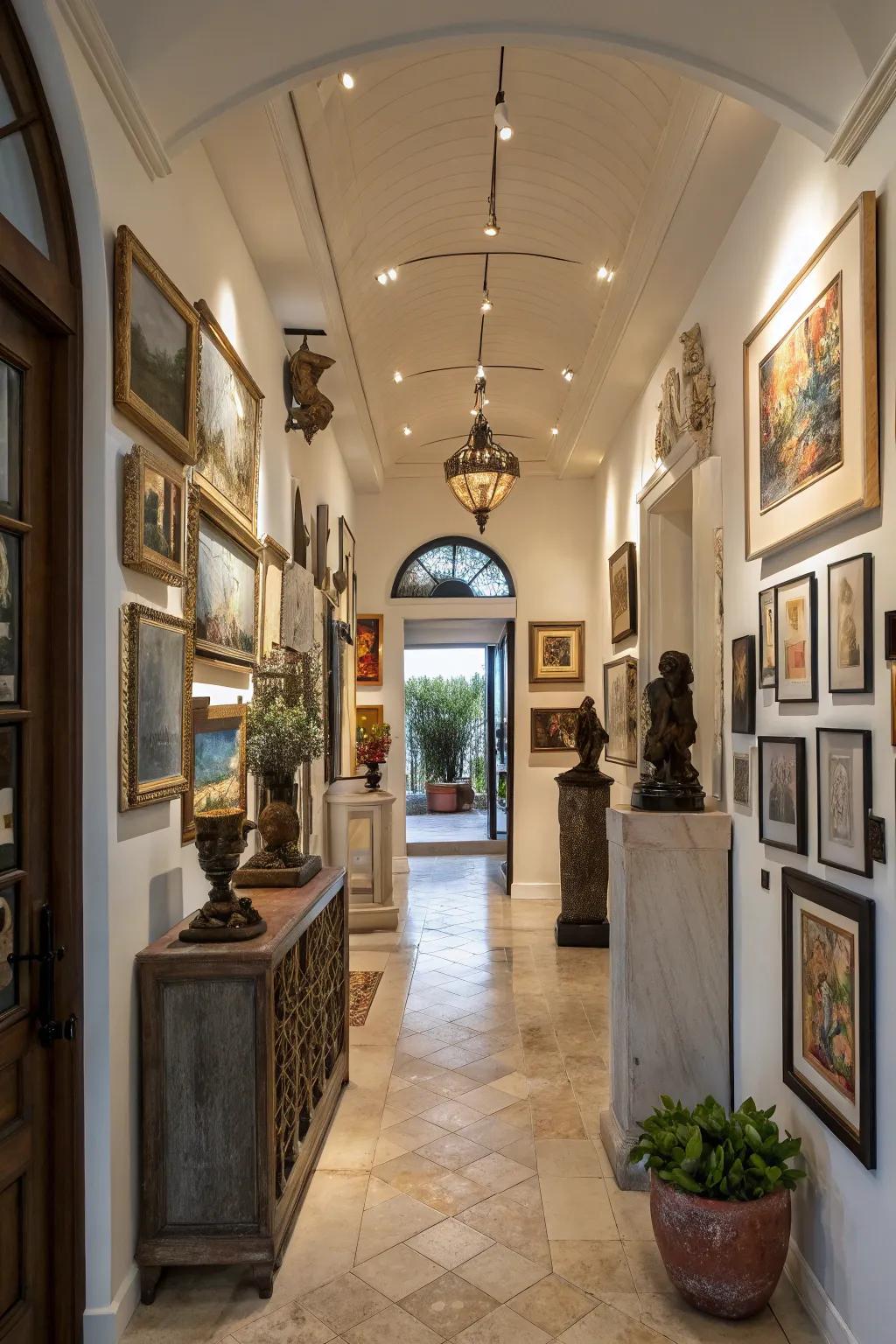 Layered art adds depth and interest to the entryway.