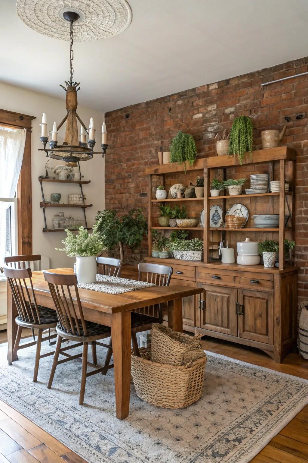 Exposed brick walls bring raw texture and warmth to the dining room.
