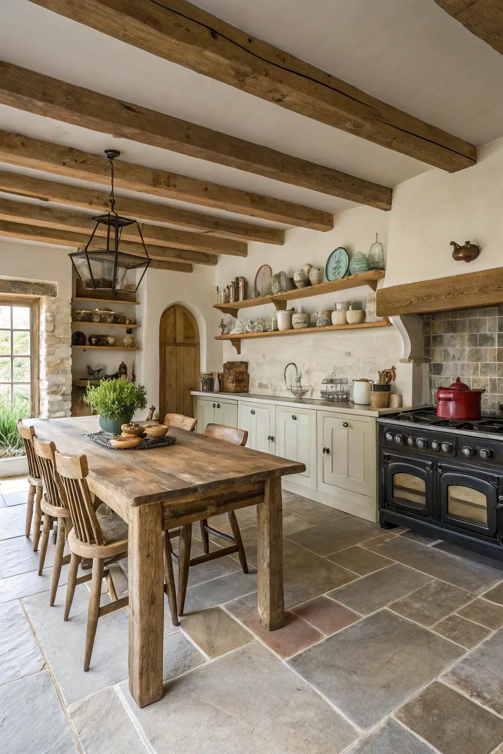 Stone tiles evoke historic charm in this inviting farmhouse kitchen.
