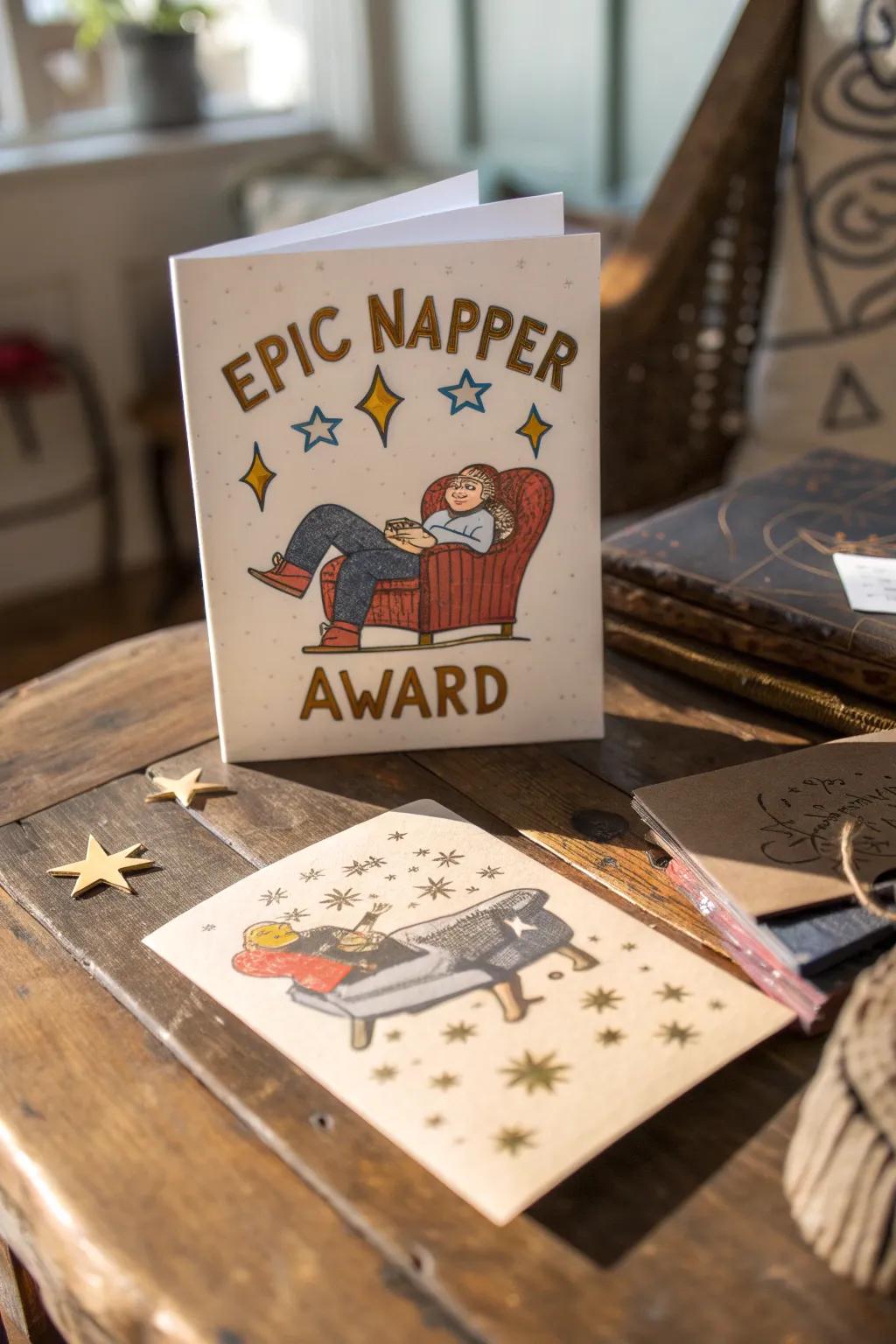Celebrate Dad's napping prowess with the 'Epic Napper Award' card—because every superhero deserves a rest!
