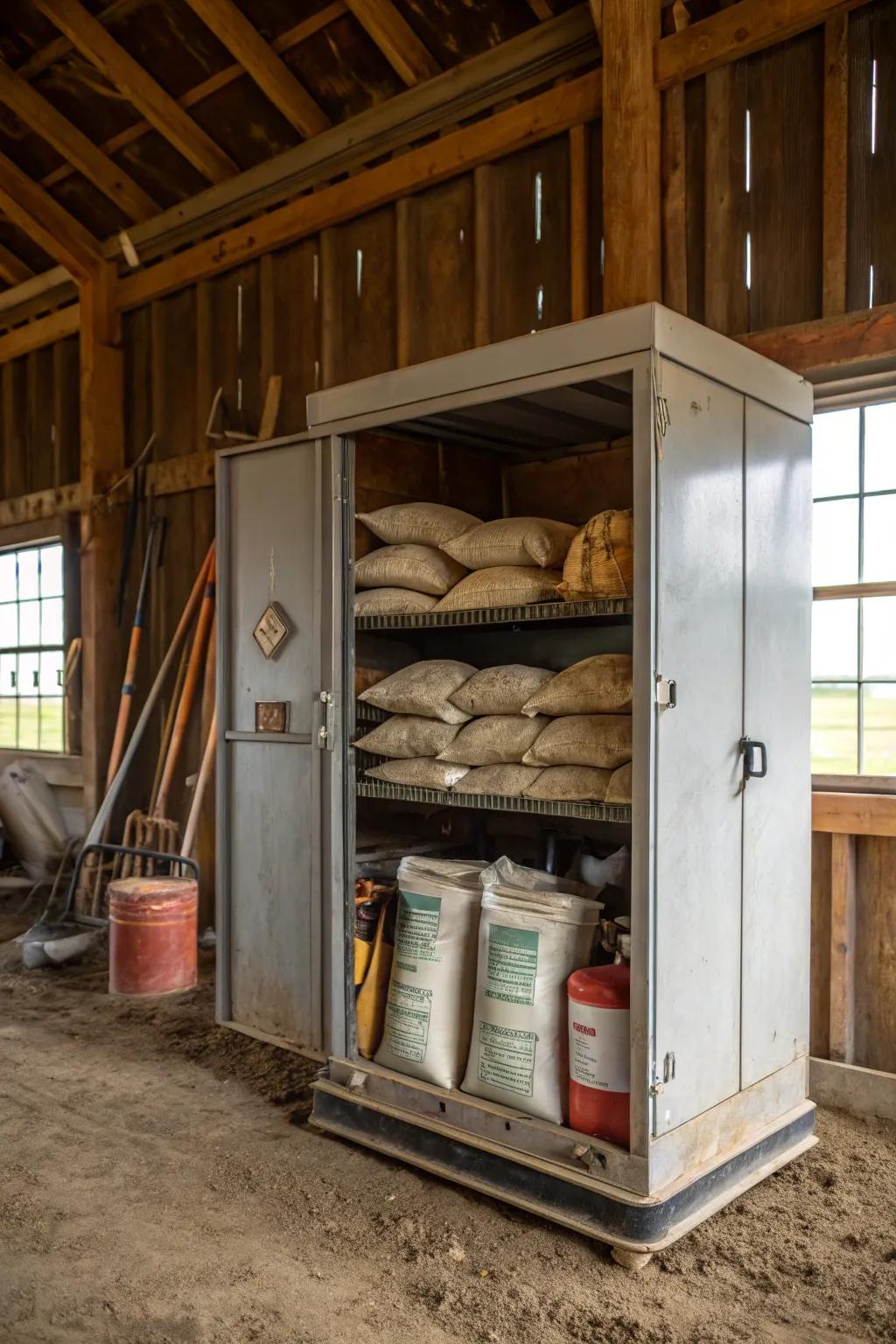Metal cabinet repurposed for secure feed storage.