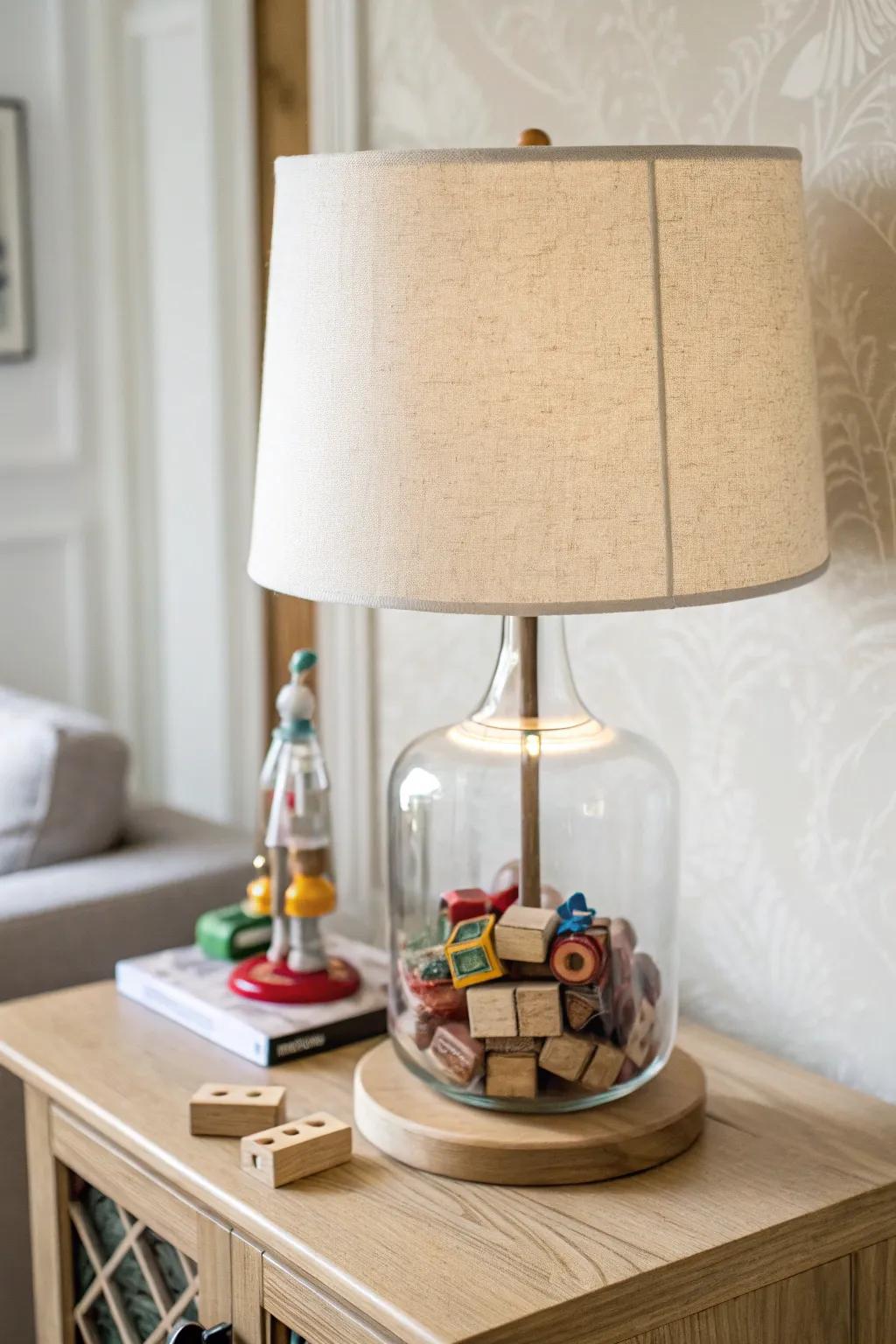 Illuminate your space with whimsical nostalgia: a lamp filled with childhood memories.