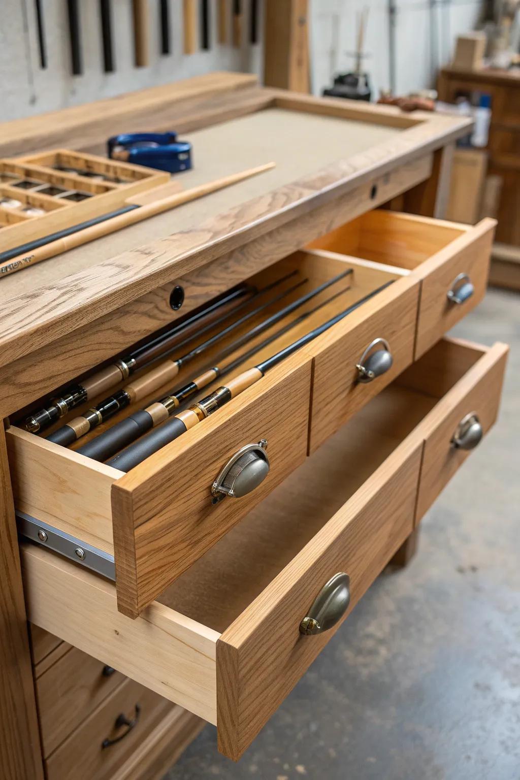 Elevate your workshop with this stylish sliding drawer storage for fishing rods—where craftsmanship meets functionality.