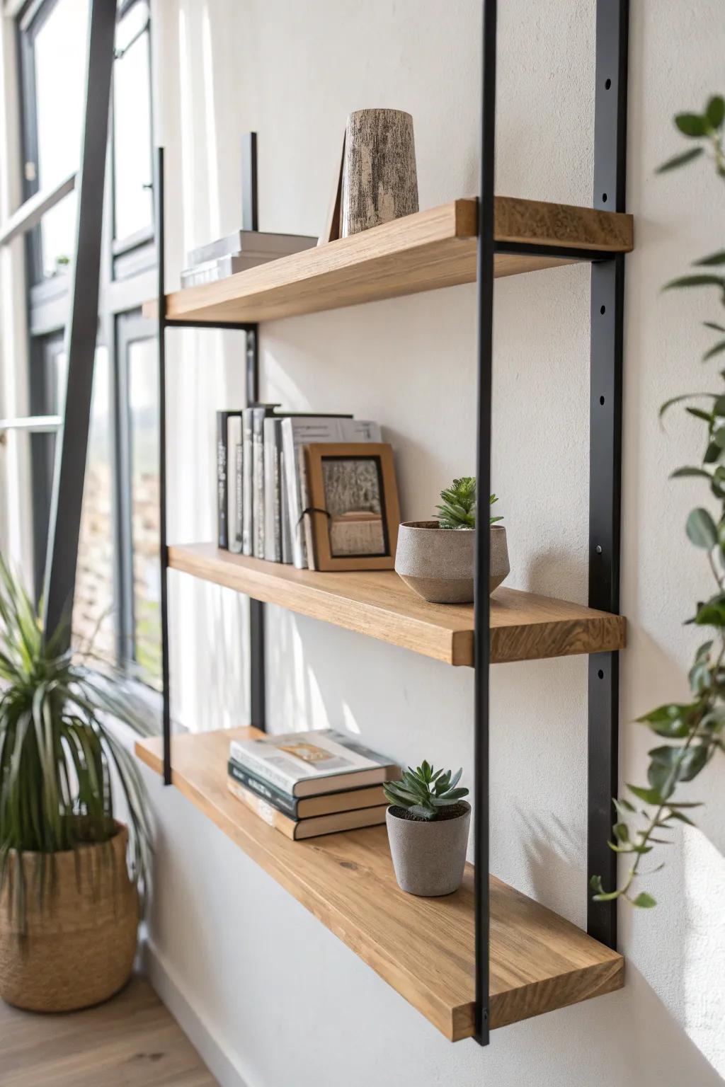 Elevate your space with a blend of rustic wood and sleek metal for the ultimate minimalist statement.