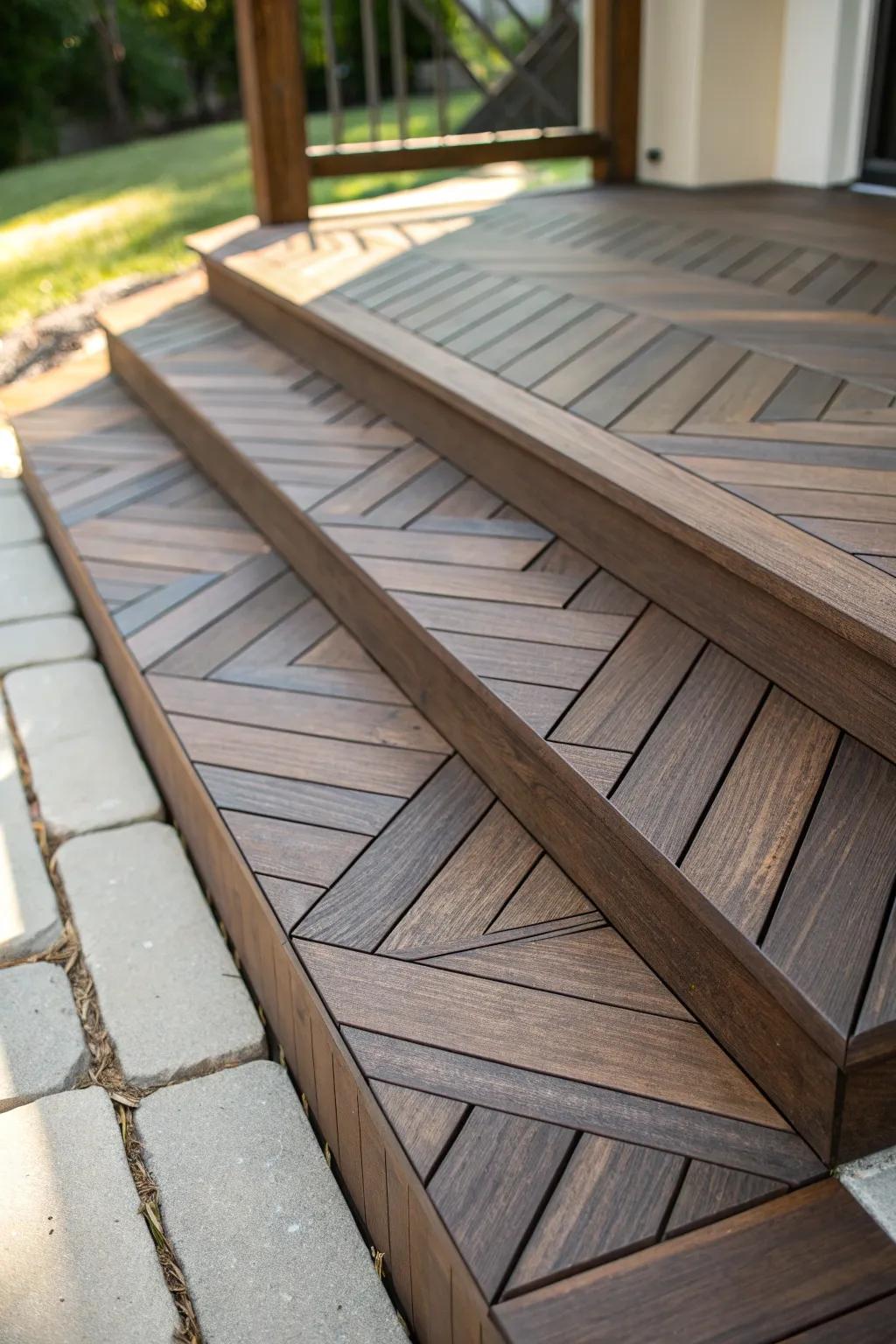 Elevate your deck with the timeless elegance of chevron-patterned steps, where craftsmanship meets modern design.