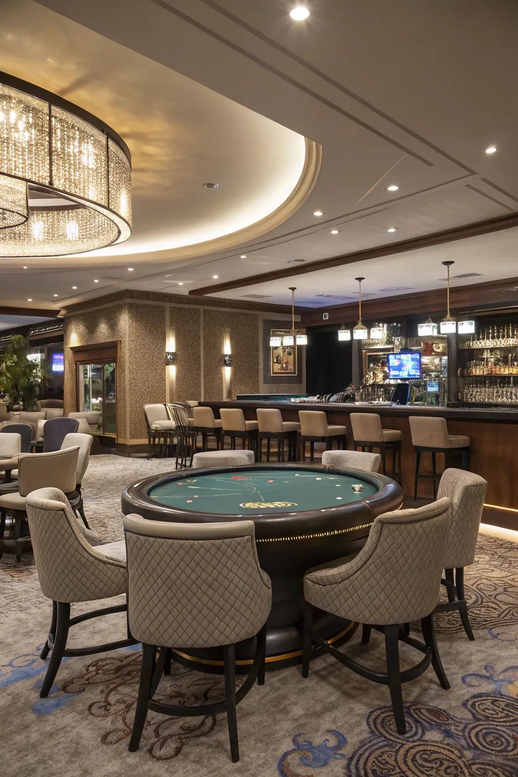 A bar and game table fusion offers a strategic and entertaining space.