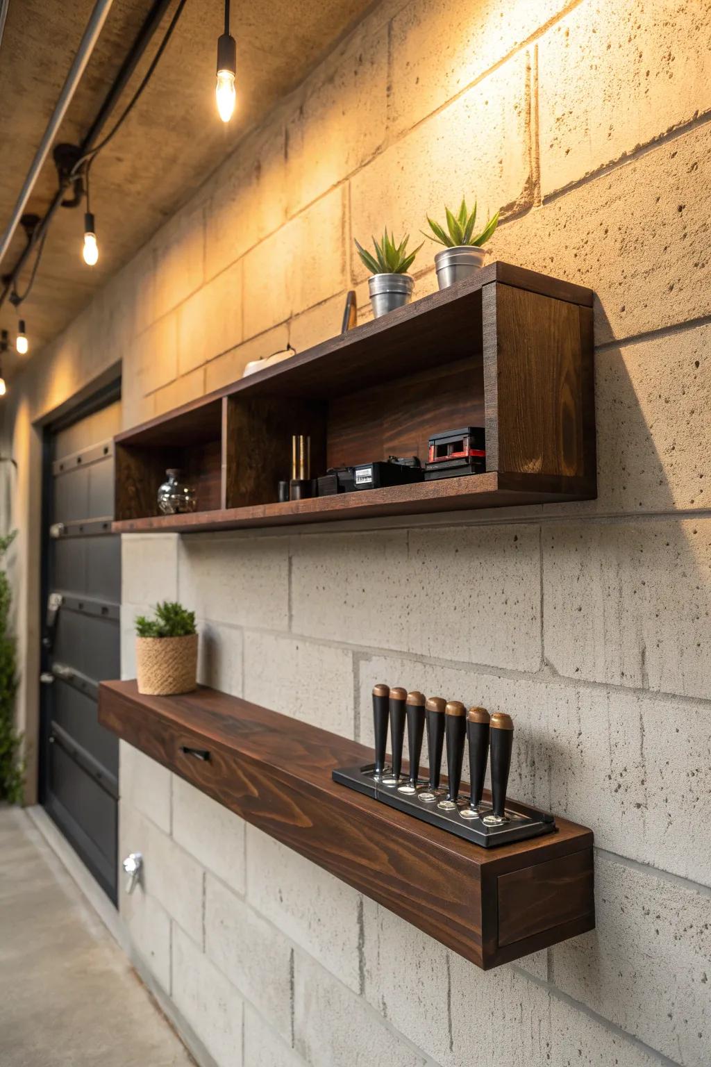 Elevate your garage organization with the elegance of floating shelves.