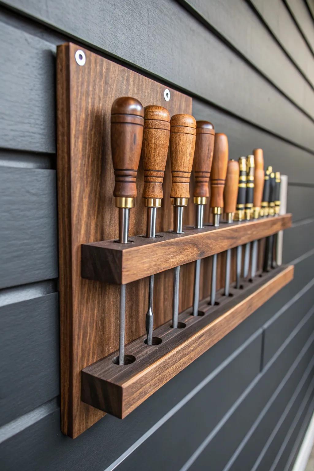 Elevate your garage organization with a handcrafted screwdriver holder that blends functionality with craftsmanship.