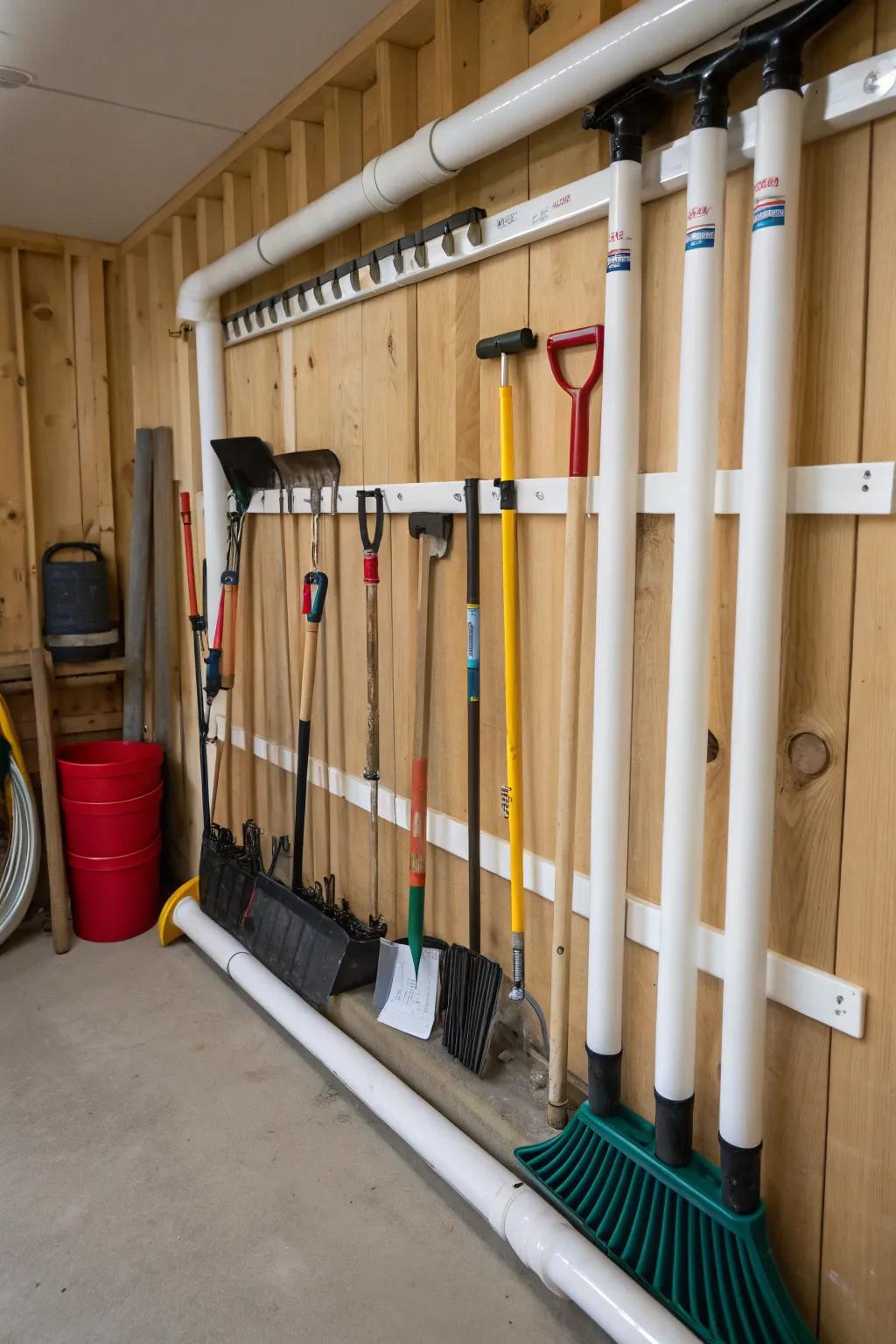Transform your garage with PVC pipe organizers – a cost-effective, stylish solution for tool storage.