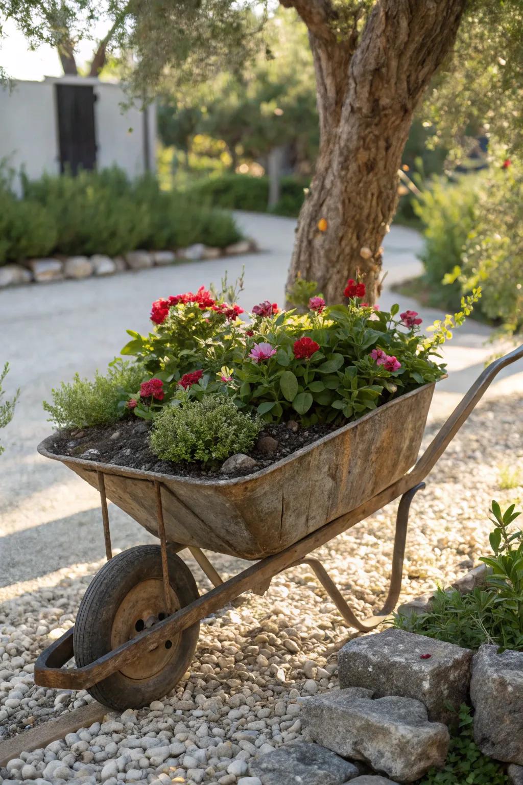 Transform your garden with a touch of rustic charm: a wheelbarrow garden bed that celebrates simplicity and natural beauty.