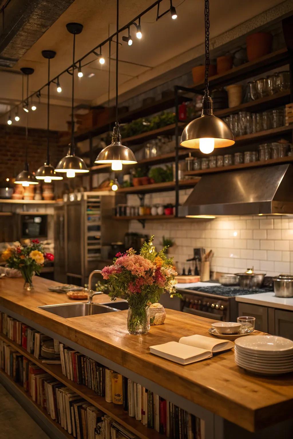 Layered lighting creating a warm and inviting kitchen atmosphere.