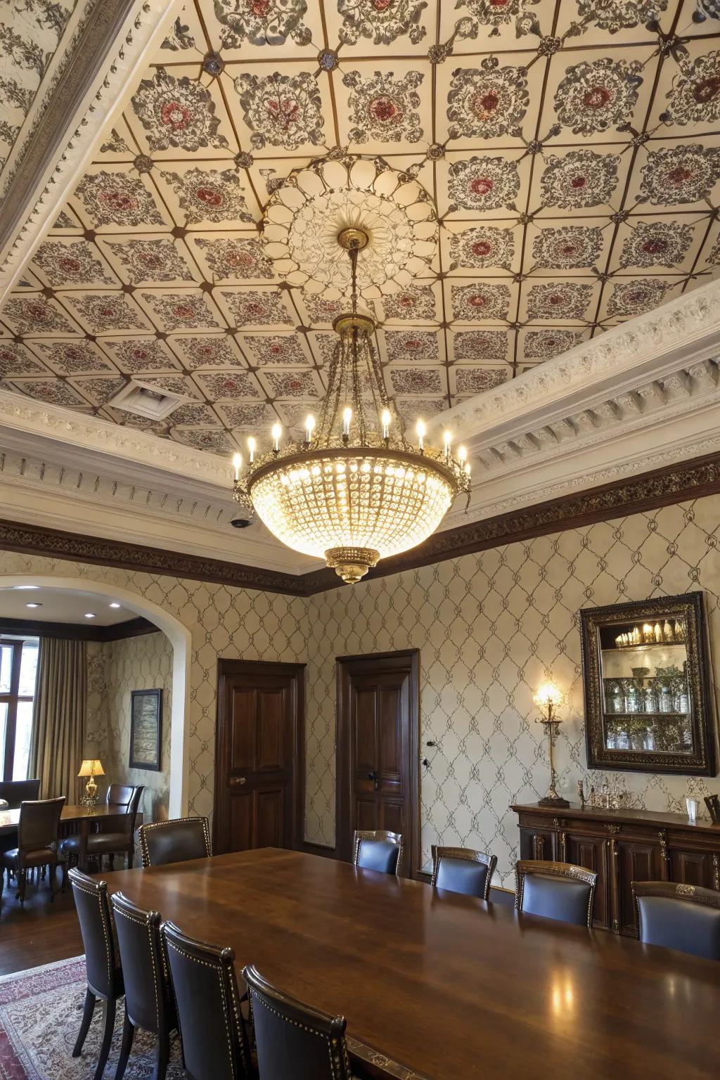 A patterned ceiling that adds depth and interest to the dining room.