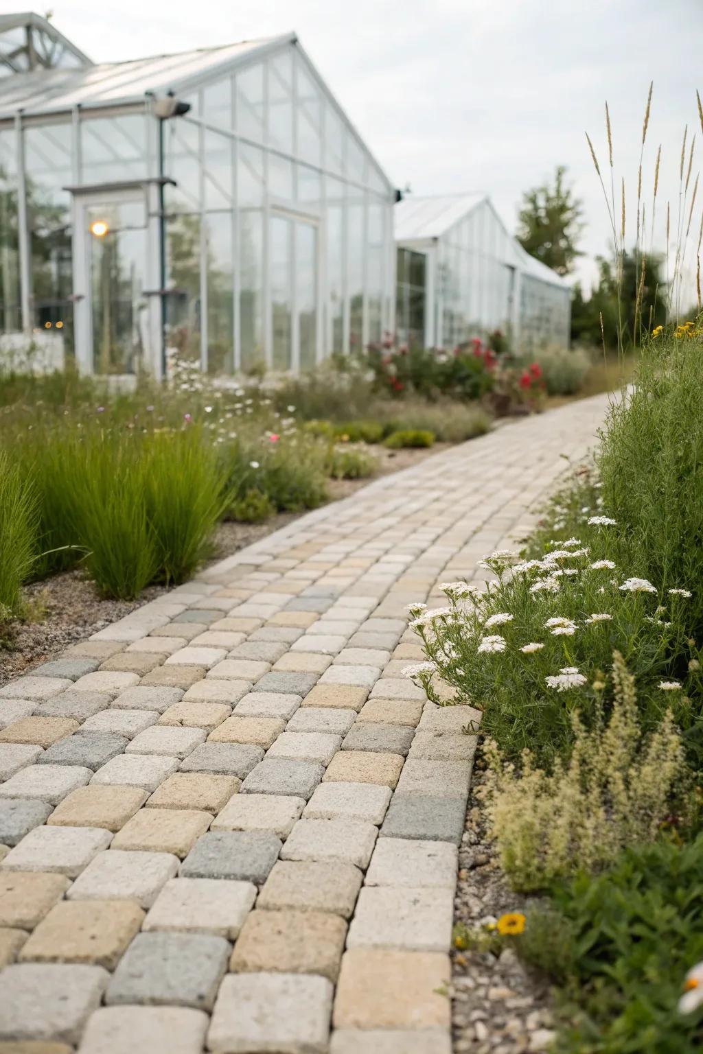 Elevate your greenhouse with the elegance of permeable pavers, where function meets natural beauty.