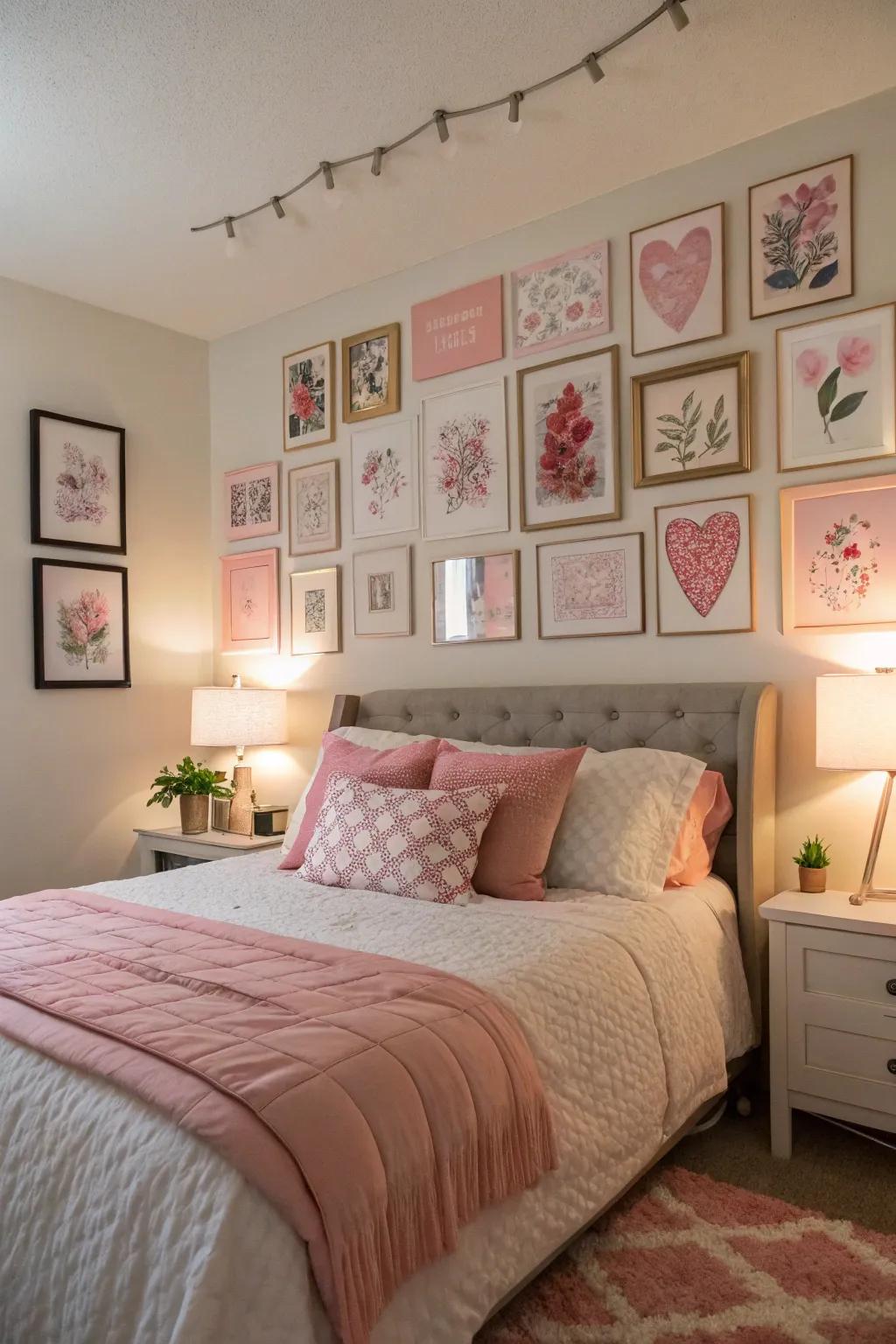 A gallery wall adds a personal and artistic touch to the decor.