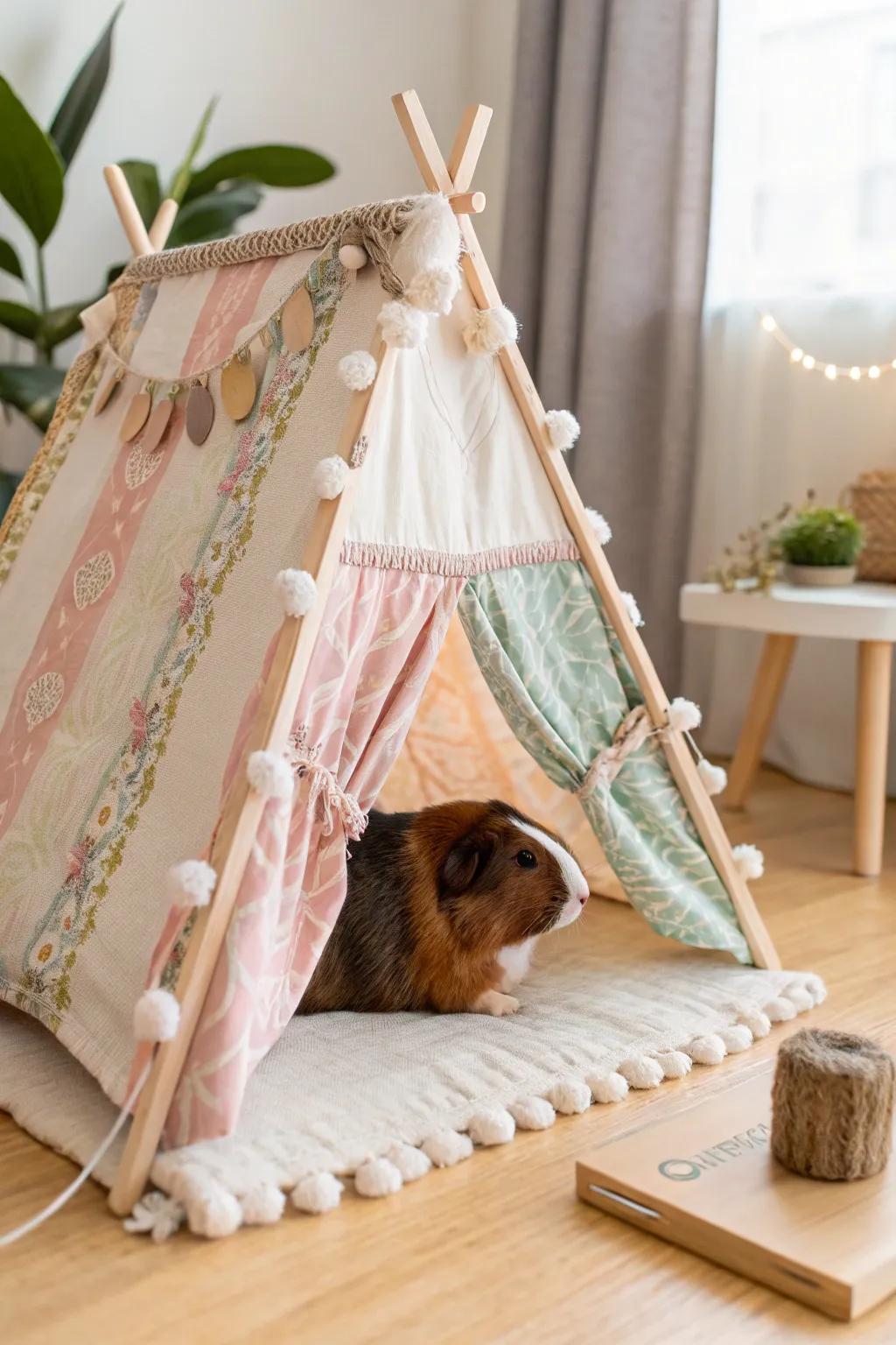 Elevate your guinea pig's home with a cozy, custom fabric canopy that brings a touch of style and security. #GuineaPigHaven #BohoMinimalism