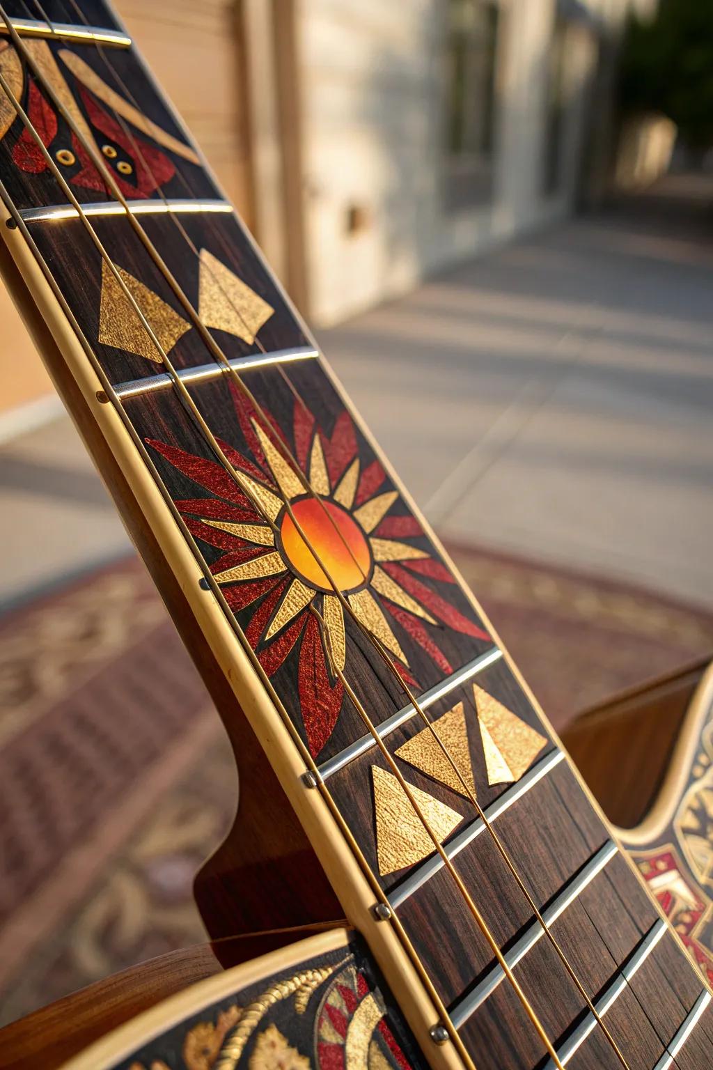 Experience the warmth of craftsmanship with a sunburst inlay that radiates vibrant energy.
